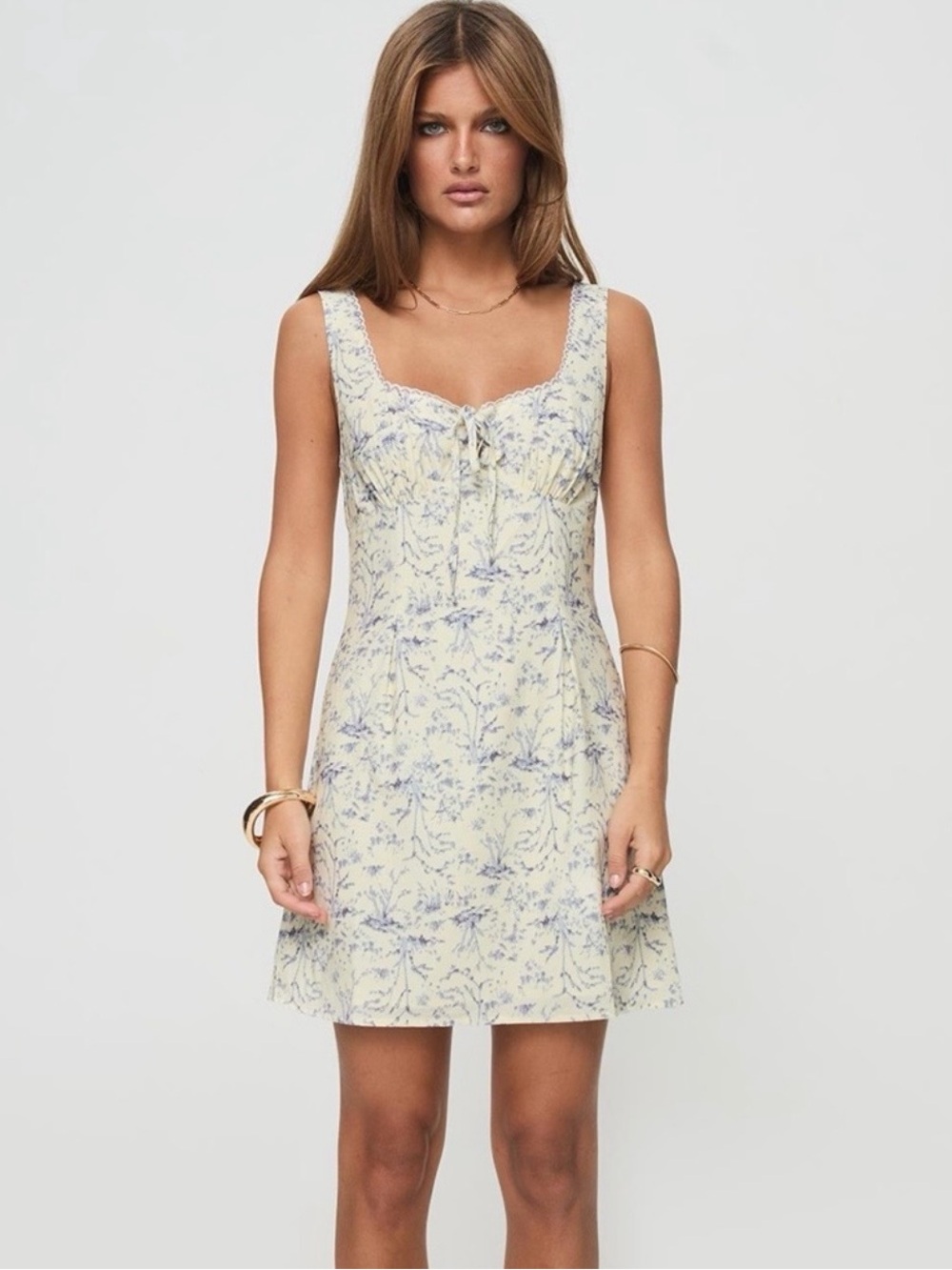 Princess Polly Pale Yellow Mini Dress with Blue Floral Print